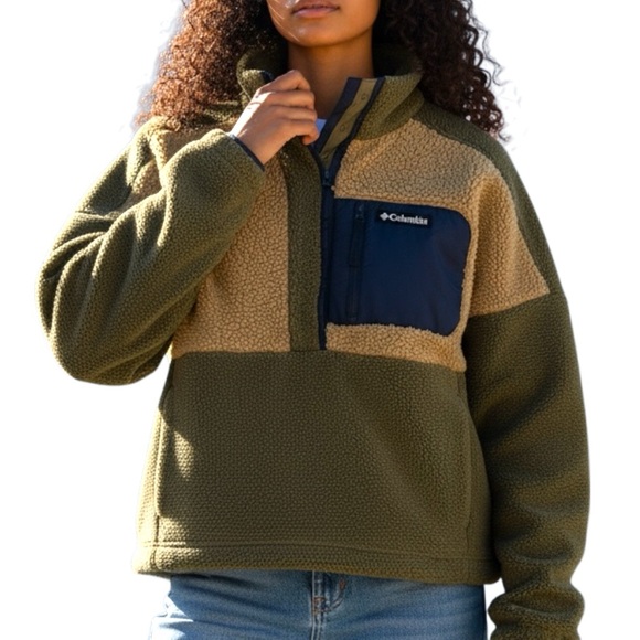 COLUMBIA Lodge Sherpa Relaxed Fit Stone Green Beach Sweatshirt Pullover Top - Picture 5 of 15